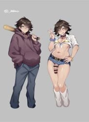 1boy artist_name artist_signature baseball_bat before_and_after belt belt_collar blue_eyes boy bracelet brown_hair collar femboy femboy_focus femboy_only golden_bikini jeans loose_socks male male_focus male_only microshorts miharu_(artist) original original_character sissy solo solo_femboy solo_focus solo_male