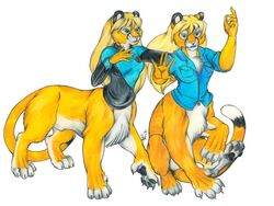 animal_genitalia blonde_hair bottomless breasts chakat chakona_space clothed clothing cougar dickgirl duo feline female fully_sheathed fur goldendale goldfur green_eyes hair intersex julie_wondra mammal sheath simple_background taur white_background yellow_fur