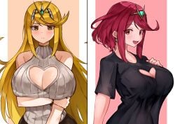 2girls absurdres black_shirt blonde_hair blush bob_cut breasts cleavage cleavage_cutout clothing_cutout dress earrings female female_only headpiece heart_cutout highres jewelry large_breasts long_hair looking_at_viewer multiple_girls mythra oniisan02b pyra red_eyes red_hair shiorino_mani_(artist) shirt short_hair sweater sweater_dress swept_bangs tiara turtleneck turtleneck_sweater very_long_hair xenoblade_(series) xenoblade_chronicles_2 yellow_eyes yotsuha_uni yotsuhauni