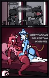 3girls ahoge anthrofied areolae armband bfb black_hair bloons bloons_td_6 bloons_tower_defense blue_body blue_eyes blue_hair blush body_markings breasts brown_eyes brutal_flying_behemoth camisole camouflage caught_in_the_act clitoris comic cosplay dark_body dark_dirigible_titan dialogue fins headband in_bed interrupted interrupted_sex long_hair massive_ornary_air_blimp missionary_position moab monkey_ears monkey_tail nipple_slip nipples penetration pillow pink_hair propeller pussy red_body scouter short_hair shoulderless_shirt signature speech_bubble strap-on stripes text theidiotmuffin vaginal_penetration yuri