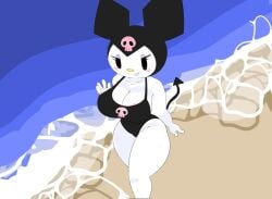 1girls beach big_breasts cleavage half-closed_eyes kuromi looking_at_viewer ocean one-piece_swimsuit sand sanrio seductive smile solo swimsuit teasing teasing_viewer walking