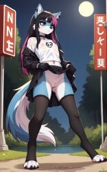1girls 2026 ai_generated anthro black_hair blue_eyes blue_fur blushing choker digitigrade dripping dripping_wet ear_piercing eyeliner eyeshadow female female_only flashing flashing_pussy flat_chest furry gloves goth goth_girl half-closed_eyes hi_res innie_pussy jacket long_hair may moon night nipples_visible_through_clothing no_panties original_character outdoors pink_hair pussy see-through see-through_clothing see-through_shirt shirt skirt skirt_lift thighhighs unzipped wet wet_body wet_clothes wet_shirt white_fur wolf wolf_ears wolf_girl wolf_tail zonoya_(artist)