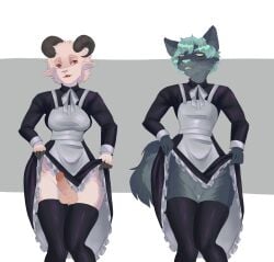 absurd_res andromorph anime anthro anygender anysex anyspecies bottomwear bovid canid canine canis caprine clothed clothing clothing_lift costume digital_media_(artwork) domestic_dog dress female femboy frank22young genitals goat gynomorph herm hi_res intersex legwear maid_uniform maidoutfit male mammal penis skirt skirt_lift skirtlift solo stockings thigh_highs uniform vulva wolf