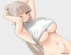 1girls arms_above_head arms_up big_breasts blunt_bangs blush blush_face blushing_at_viewer blushing_female blushing_lines brown-haired_female brown_hair busty busty_female busty_girl elf elf_ear elf_ears elf_female elf_girl eyebrows_visible_through_hair female hands_above_head hands_up large_boobs large_breasts oc original original_art original_artwork original_character pink-eyed_female pink_eyes pointy_ears ponytail skeptycally underboob