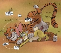 anal anal_sex anthro argon_vile balls bengal_tiger disney duo english_text erection felid genitals hi_res lagomorph leporid male male/male mammal pantherine penetration penis predator_penetrating_prey rabbit rabbit_(winnie_the_pooh) shere_khan size_difference tail text the_jungle_book tiger winnie_the_pooh_(franchise)