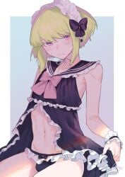 1boy androgynous blush bob_cut bulge bulge_through_clothing clothed clothing crossdressing dress embarrassed femboy femboy_only frills lio_fotia maid_headdress male midriff panties petite petite_body petite_male promare short_hair shy slim slim_male slim_waist solo trap twink