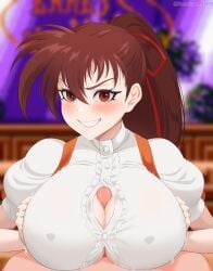 1boy 1girls absurd_res absurdres big_breasts blouse breasts brown_eyes brown_hair button_gap buttons commission commissioner_upload covered_erect_nipples deepspace erect_nipples female grin hair_ribbon highres indoors large_breasts light-skinned_female light-skinned_male light_skin looking_at_viewer male male_pov paizuri paizuri_under_clothes penis pov red_ribbon restaurant ribbon shirt short_sleeves smile speed_lines straight variable_geo waitress waitress_uniform white_shirt yuka_takeuchi