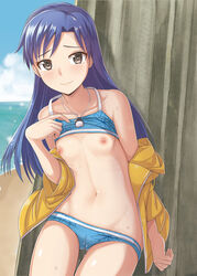 bikini_lift blue_hair cameltoe cowboy_shot dan_(orange_train) female idolmaster jacket jacket_over_swimsuit jewelry kisaragi_chihaya long_hair looking_at_viewer navel necklace nipples off_shoulder small_breasts solo swimsuit