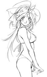 belldandy bikini blush earrings facial_mark female forehead_mark jewelry long_hair monochrome oh_my_goddess! pubic_hair rough_sketch small_breasts smile swimsuit takeda_yuuichi traditional_media