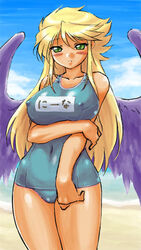 1girls angel_wings beach black_wings blonde_hair blush breath_of_fire breath_of_fire_ii cloud dr.p erect_nipples erect_nipples_under_clothes green_eyes holding_breast large_breasts lowres nina_(breath_of_fire_ii) nipples_visible_through_clothing one-piece_swimsuit seaside shy swimsuit tanned tanned_female tanned_skin wide_hips wings