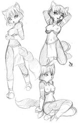 anthro arms_behind_head blue_deer breasts female female_only fox fur furry furry_breasts furry_ears furry_tail greyscale hair kneeling krystal monochrome nintendo nipples pointy_ears pose short_hair sitting sketch solo standing star_fox tail white_background