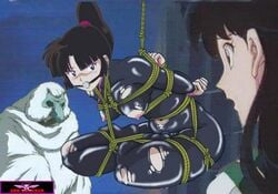 2girls arms_behind_back ball_gag black_hair blush bodysuit bondage breasts brown_eyes cross-legged embarrassed erect_nipples ero_shocker eyeliner eyeshadow female female_only gag gagged higurashi_kagome immobile inuyasha kagome_higurashi lift lifted long_hair lotus_position lotus_position_(yoga) makeup multiple_girls naraku nipple_cutout nipples photoshop ponytail rope rope_bondage rope_harness sango scrunchie shocked suspended suspension tied_hair tied_up torn_bodysuit torn_clothes walk_in wiffle_ball_gag