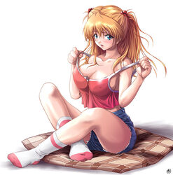 1girls asuka_langley_sohryu blue_eyes blush breasts clothing denim denim_shorts erect_nipples erect_nipples_under_clothes feet female female_only footwear gainax human large_breasts light-skinned_female light_skin long_hair neon_genesis_evangelion orange_hair pillow pointy_chin posing red_hair shinozuka_jouji shorts sitting socks solo strap_slip tank_top