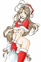 1girls ass belldandy big_breasts blue_eyes breasts brown_hair christmas christmas_costume clothing colored_pubic_hair erect_nipples facial_markings facial_marks female female_pubic_hair forehead_mark gloves goddess jewelry joy_division long_hair nipples oh_my_goddess! pale-skinned_female pale_skin pointy_chin posing pubic_hair small_breasts solo stockings thick_thighs thighhighs very_long_hair wide_hips