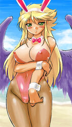 1girls angel_wings blonde_hair blush bowtie breath_of_fire breath_of_fire_ii bunnysuit clothing collar dr.p erect_nipples erect_nipples_under_clothes fake_animal_ears green_eyes holding_breast large_breasts leotard long_hair lowres nina_(breath_of_fire_ii) pantyhose playboy_bunny shy tanline wide_hips wings