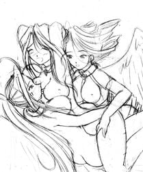 3girls angel artist_request belldandy breasts collar female holy_bell human leash long_hair medium_breasts monochrome multiple_girls oh_my_goddess! sayoko_mishima sketch yuri