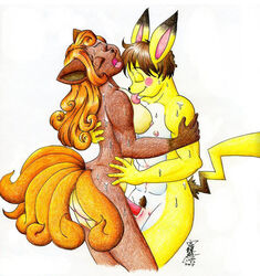 2007 anthro ass breasts color female fur furry furry_tail game_freak interspecies lady_machoke male multiple_tails nintendo nipples penis pikachu pokemon pokemon_(species) pokemon_rgby side_view source_request straight straight_hair sweat tagme tail vulpix