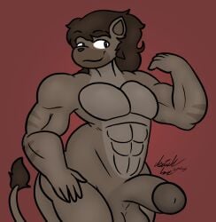 2025 abs anthro balls big_penis brown_hair digital_drawing_(artwork) digital_media_(artwork) fur genitals hair hyena isaiahtse looking_at_viewer male mammal muscular muscular_anthro muscular_male nude pecs penis smile spike_belle_(isaiahtse) tail