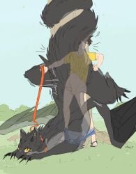 absurd_res claws cloacal cloacal_penetration collar curling_tail doggy_style dragon duo feathers female female_on_human female_penetrated feral feral_penetrated fluffy fluffy_tail from_behind_position fur genitals grey_body grey_fur hand_on_leg hand_on_thigh hi_res human human_on_feral human_penetrating human_penetrating_female human_penetrating_feral humanoid_face interspecies khalyum larger_female leash leashed_collar leg_grab male male/female male_on_feral male_penetrating male_penetrating_female male_penetrating_feral mammal markings mythological_creature mythological_scalie mythology outside_sex penetration penis scalie sex size_difference tail thigh_grab yellow_eyes yellow_markings zoophilia