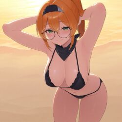 ai_generated bandana bra breasts cleavage ginger glasses green_eyes panties ponytail small_breasts thighs