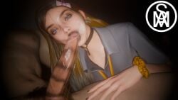 1boy 1girls black_lips black_lipstick blowjob blue_eyes brown_hair cum lipstick lipstick_mark lipstick_on_penis looking_at_viewer luna_(the_first_descendant) middlemansfm oral oral_sex sloppy sloppy_blowjob the_first_descendant