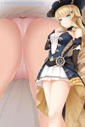 1girl 1girls ai_generated bare_shoulders black_headwear black_sleeves blonde_hair blue_eyes blue_gemstone blush bodice bow bow_panties breasts commentary_request detached_sleeves dress drill_hair drill_sidelocks female flower from_below gem genshin_impact hat hat_flower lace_trim long_hair medium_breasts mtu_virus multiple_views navia_(genshin_impact) panties pantyshot pink_panties sidelocks smile standing strapless_dress thighs underwear upskirt very_long_hair zelanell