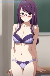 1girl 1girls ai_generated blush bow_panties bra breasts chalkboard classroom cleavage closed_mouth collarbone commentary_request cowboy_shot female glasses indoors kamishiro_rize large_breasts long_hair looking_at_viewer low_twintails medium_breasts navel panties purple_bra purple_eyes purple_hair purple_panties red-framed_eyewear semi-rimless_eyewear solo standing stomach swept_bangs tokyo_ghoul under-rim_eyewear underwear underwear_only zelanell