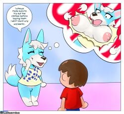 2024 animal_crossing black_eyes blue_fur bluebambo breasts brown_hair canine closed_eyes female furry male nintendo nipples short_hair skye_(animal_crossing) text text_bubble thought_bubble villager_(animal_crossing) wardrobe_malfunction white_fur white_hair wolf