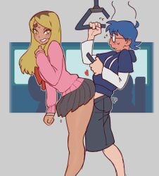 1boy 1girls 2d 2knsfw1 ambiguous_penetration blonde_female blonde_hair blue_hair blush bus college college_student female gyaru hidden_sex implied_sex male nerd public public_sex public_transportation sex sweat sweating tagme