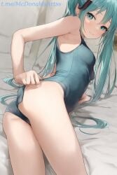 1girl 1girls 1girls_ass adjusting_clothes adjusting_swimsuit ai_generated aqua_eyes aqua_hair aqua_nails armpit_crease armpits ass bare_arms bare_shoulders bed bed_sheet blue_one-piece_swimsuit blush breasts closed_mouth commentary_request female female_focus female_only hair_between_eyes hair_ornament hatsune_miku long_hair looking_at_viewer lying on_bed on_side one-piece_swimsuit school_swimsuit small_breasts solo swimsuit thighs twintails twisted_torso very_long_hair vocaloid zelanell