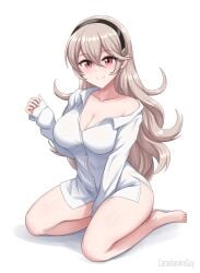 1girls bare_legs bare_thighs barefoot bottomless breasts canadiananiguy cleavage corrin_(fire_emblem) corrin_(fire_emblem)_(female) covered_nipples feet female fire_emblem fire_emblem_fates legs long_hair looking_at_viewer red_eyes shirt shirt_only smile smiling smiling_at_viewer solo thighs white_hair