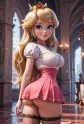 ai_generated artist_name ass blonde_hair blue_eyes blurry blurry_background breasts cowboy_shot crown earrings female fishnet_thighhighs fishnets from_behind highwaist_skirt indoors jewelry large_breasts lips long_hair looking_at_viewer looking_back mario_(series) medium_breasts miniskirt nintendo patreon_username pink_skirt princess_peach puffy_short_sleeves puffy_sleeves shirt short_sleeves skirt smile solo sphere_earrings super_mario_bros. super_mario_bros._(2023_film) thighhighs web_address white_shirt xadrid