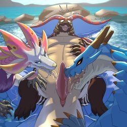 absurd_res ambiguous_gender anus bedroom_eyes belly big_belly blue_body bodily_fluids capcom claws dhalek erection feral frill_(anatomy) fur genital_fluids genitals group group_sex hi_res horn lagiacrus leviathan_(mh) licking looking_at_genitalia lying male male/ambiguous membrane_(anatomy) mizutsune monster_hunter narrowed_eyes nervous on_back open_mouth oral partially_submerged penile penis penis_lick saliva scales scalie seductive sex shaking sweat tail teeth threesome tongue tongue_out trembling trio uth_duna water white_body