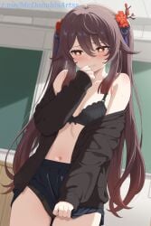 1female 1girls ai_generated alternate_costume bare_shoulders black_bra black_panties black_skirt blush bra breasts brown_hair chalkboard clenched_teeth clothes_pull commentary_request cowboy_shot embarrassed female female female_focus female_only flower flower-shaped_pupils genshin_impact hair_flower hair_ornament hu_tao_(genshin_impact) indoors jacket long_hair long_sleeves looking_down miniskirt navel off_shoulder open_clothes panties pleated_skirt plum_blossoms red_eyes red_flower skirt skirt_lift skirt_tug small_breasts solo stomach sweat symbol-shaped_pupils teeth thighs twintails underwear very_long_hair zelanell