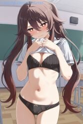 1girl 1girls ai_generated alternate_costume black_bra black_panties blush bow bow_panties bra breasts brown_hair chair chalkboard classroom cleavage closed_mouth clothes_lift commentary_request cowboy_shot desk female flower-shaped_pupils genshin_impact hair_between_eyes hu_tao_(genshin_impact) indoors lifted_by_self long_hair medium_breasts navel panties red_eyes sailor_collar school_chair school_desk school_uniform serafuku shirt shirt_lift short_sleeves small_breasts solo stomach symbol-shaped_pupils thighs twintails underwear very_long_hair white_sailor_collar white_shirt zelanell