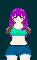 accidental_cumshot accidental_ejaculation animated breasts cum_in_clothes cum_through_clothes ejaculation embarrassed erection_under_clothes futanari hands_on_face handsfree_ejaculation jean_shorts large_breasts looking_at_viewer original_artwork original_character pixel_animation pixel_art precum_bubble precum_drip precum_string precum_through_clothing purple_eyes purple_hair spontaneous_ejaculation sports_bra tight_clothing uncommon_stimulation