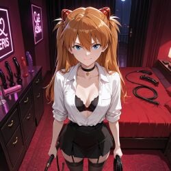 ai_generated asuka_langley_sohryu bed bra choker cleavage dildo femdom panties shirt skirt solo stockings whip