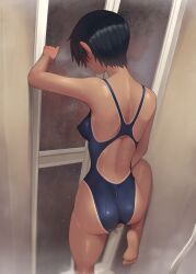 2boys ass barefoot black_hair blush breasts clothed_masturbation commentary_request competition_swimsuit covered_nipples dark_skin feet female female_masturbation from_behind highleg highleg_one-piece_swimsuit highres indoors kuronami_(lvi) lvi masturbation medium_breasts multiple_boys one-piece_swimsuit one-piece_tan original paid_reward_available public_indecency public_masturbation shiny_skin short_hair showering soles solo solo_focus standing standing_on_one_leg swimsuit tan tanlines thighs toes tomboy wet
