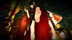 3d anger barefoot black_dress black_hair final_fantasy_xiv imminent_stomp pipe pov yotsuyu_(final_fantasy_xiv)
