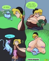 anthro balls big_breasts big_penis blue_body breasts clothing comic duo ejaculation female generation_1_pokemon genitals hi_res huge_breasts human human_penetrated kuge legendary_pokemon male male/female male_pokemon/female_human mammal mew mew_(pokemon) milian_(mew_lindo) nintendo nipples penetration penis pokemon pokemon_(species) pussy shiny_pokemon spanish_text text vaginal_penetration