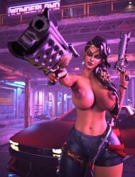 1girls 3d beauty_mark big_breasts black_hair breasts cynicxl3d dark-skinned_female dark_skin eyepatch female gun league_of_legends nipples pistol riot_games samira_(league_of_legends) solo topless weapon