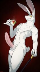5_fingers 9:16 anthro balls big_penis biped capcom container corrsk cup devil_may_cry erection fingers fur genitals glans hi_res huge_cock humanoid_genitalia humanoid_penis lagomorph leporid male mammal nude penis rabbit scut_tail short_tail solo tail tea_cup white_body white_fur white_rabbit_(dmc)