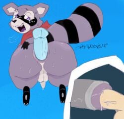 absurd_res anthro anus bodily_fluids duo genital_fluids hi_res indigo_park male male/male pandogbutt penetrable_sex_toy precum puffy_anus rambley_(indigo_park) rambley_raccoon sex_toy sweat