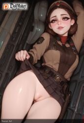ai_generated assault_rifle breasts brown_eyes brown_hair bullpup clothes_lift dollmaker dollmaker_(artist) female gun handgun lifted_by_self lips looking_at_viewer lying medium_breasts no_panties on_back patreon_username pussy red_headband rifle short_hair skirt skirt_lift smile sniper_rifle solo submachine_gun tagme uniform weapon