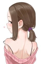 1girls bare_shoulders blush brown_eyes brown_hair closed_mouth from_behind hair_over_shoulder highres karakai_jouzu_no_takagi-san long_hair looking_at_viewer looking_back low_ponytail note2000 off-shoulder_sweater off_shoulder pink_sweater ponytail short_ponytail shoulder_blades simple_background smile solo strap_slip sweater takagi-san white_background
