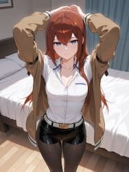 ai_generated arms_up bed bedroom cleavage happy makise_kurisu shirt shorts solo stockings
