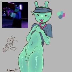 1boy alien_boy alien_elliot_(forsaken) bottomless cum cum_drip cum_string dick elliot_(forsaken) flaccid forsaken_(roblox) hairless kyvoqlin leaking_precum male naked_male penis pulling_clothing reference_image roblox roblox_game robloxian shirt shirt_lift tagme twitter_username visor_cap