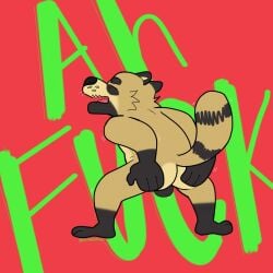 anthro balls black_ears black_feet black_hands black_nose brown_body brown_fur canid canine closed_eyes eyebrows eyes_always_closed feet frown fur genitals looking_away male mammal nude open_mouth p_rindustries p_rindustries_(p_rindustries) profanity raccoon_dog raised_tail red_background rubbing_butt rubbing_self signature simple_background spread_legs spreading standing tail tanuki thick_eyebrows whisker_spots yelling