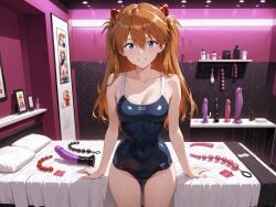 ai_generated anal_beads asuka_langley_sohryu bed condom dildo femdom happy school_swimsuit solo standing