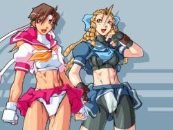 2d 2girls abs athletic athletic_female blonde_hair brown_hair busty capcom female fit fit_female hourglass_figure karin_kanzuki qkat_(arikawa-dou) sakura_kasugano school_uniform schoolgirl street_fighter street_fighter_alpha tagme wide_hips